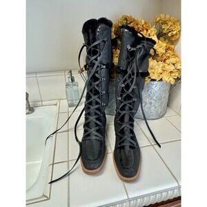 New Cole Haan Boots Black Leather Shearling Lace‎ Up/Zip Winter Moccasin Sz.10